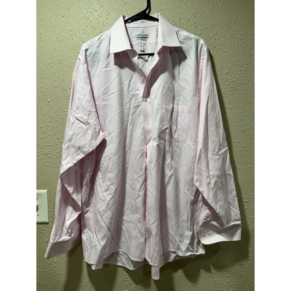 Van Heusen Mens Pink Pin Cord‎ Classic Fit Wrinkle Free Dress Shirt 17 34/35